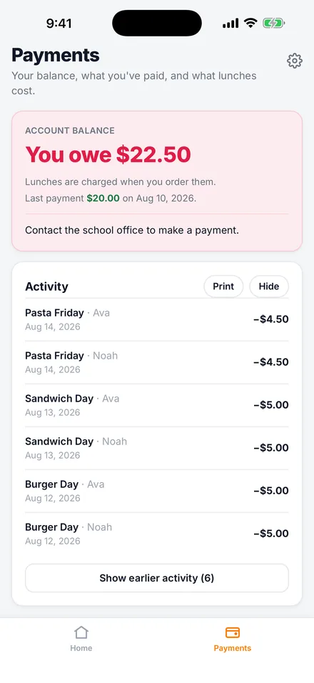 hotlunch.food — family balance and lunch activity
